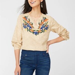 Chico’s Embroidered Floral Cotton Boho Peasant Blouse Tan Large Cottagecore